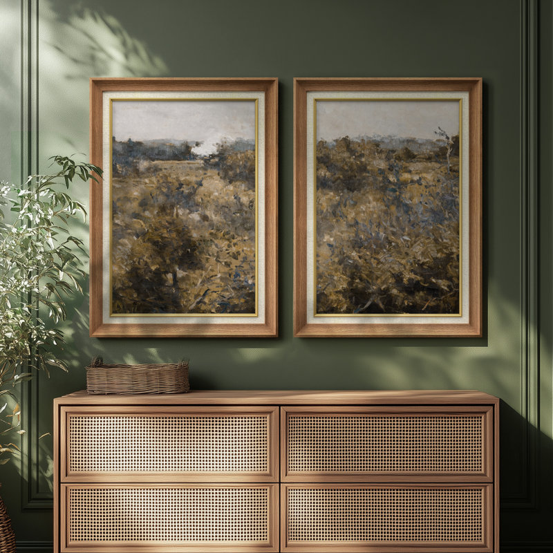 «Rustic Meadow Field Earth Tone Landscape», ensemble de 2 reproductions d'art encadrées de qualité supérieure sur papier 26 po x 36 po