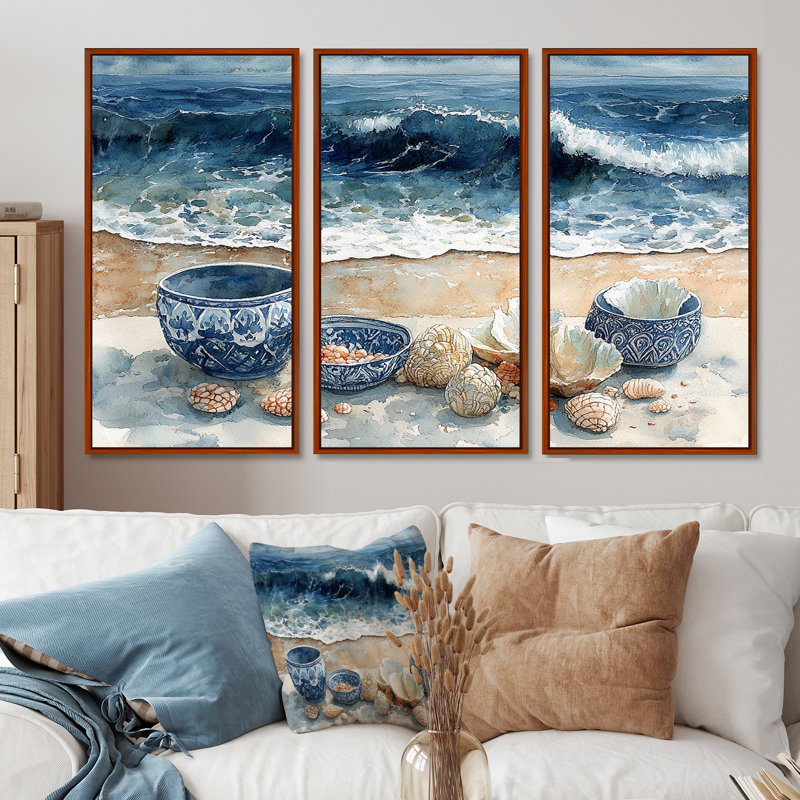 Ensemble de salon de plage en poterie de plage en tons de bleu et blanc IV, Toile avec cadre flottant brun