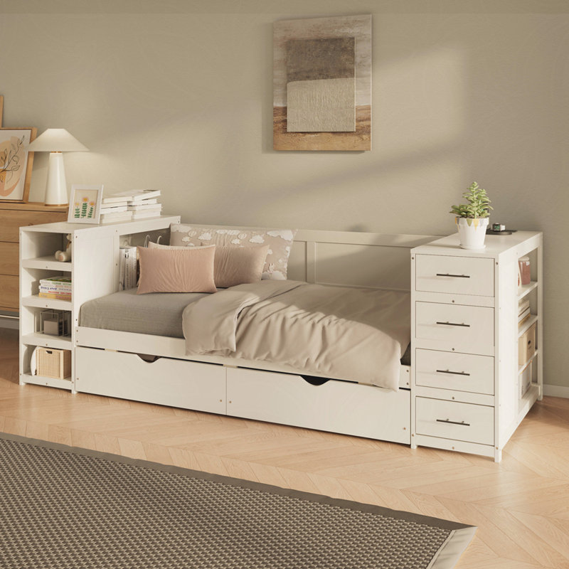 Lit de jour simple en bois blanc avec tablettes latérales et tiroirs, lit de rangement avec bureau multifonctionnel et station de charge pour la chambre à coucher