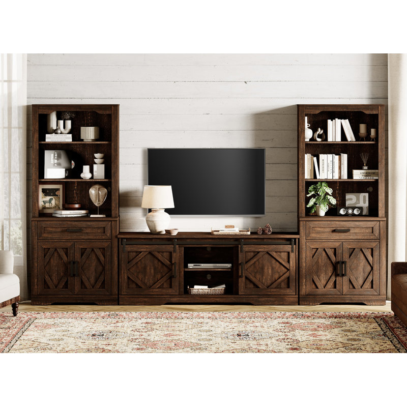 Laziza Farmhouse Entertainment Center With Bookshelf For Tvs Up To 75",Mid Century Modern TV Stand With 73"H Tall 5-Tier Bookcase With Open Storage And Barn Doors For Living Room,Bedroom,