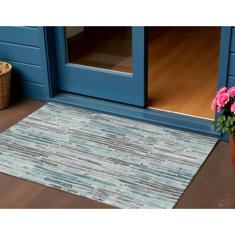 Tapis bleu sarcelle à rayures 3 pi x 5 pi bleu et gris