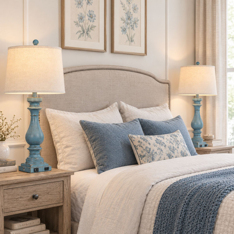 29" Distressed Blue Farmhouse Table Lamps Set with 3-Way Touch Dimming, USB-A & Type-C, LED Bulbs Included