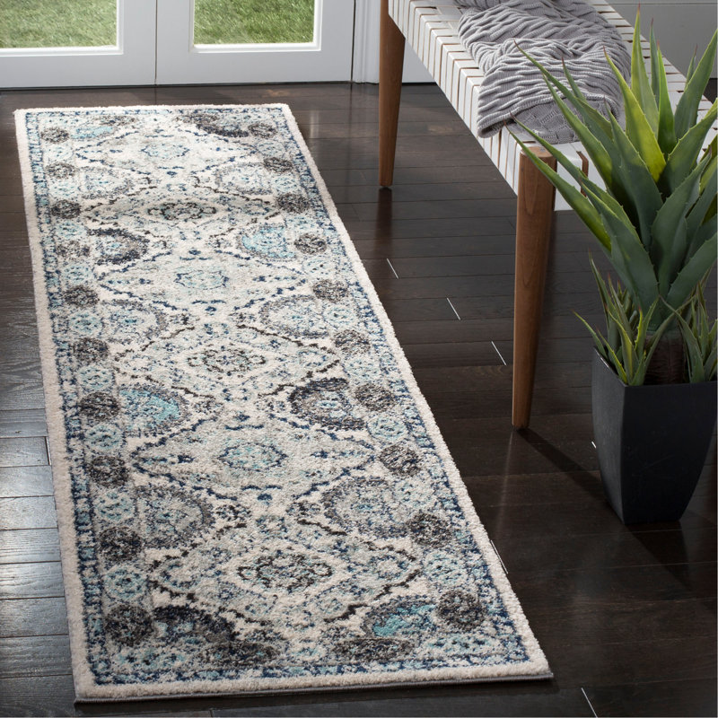 Tapis oriental bleu / ivoire Christa, Tapis de couloir 2 pi x 8 pi