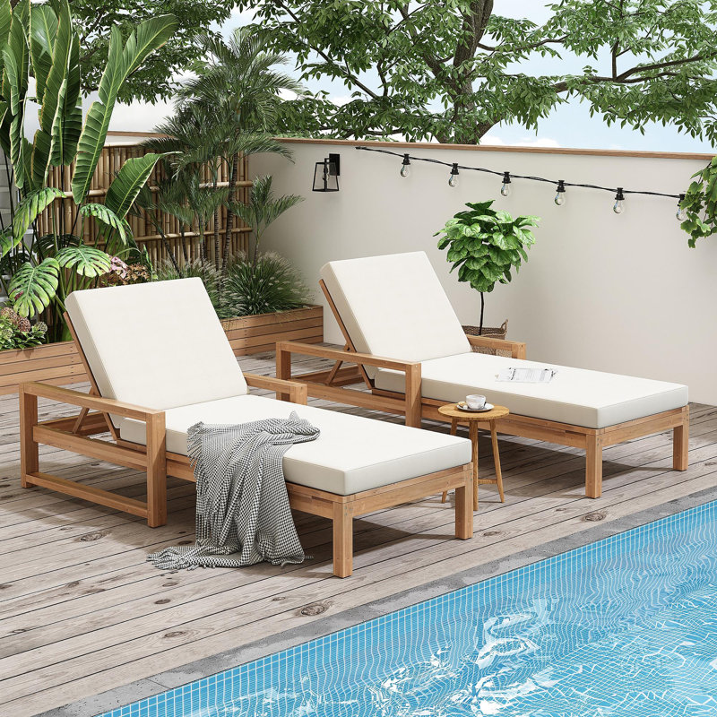 Outdoor Lounge Chairs Set Of 2, 5-Position Chaise Lounge Outdoor, Patio Chaise Lounge With Cushion & Adjustable Backrest, Pool Lounge Chairs Set Of 2 For Backyard, Deck, And Lawn, Light Teak