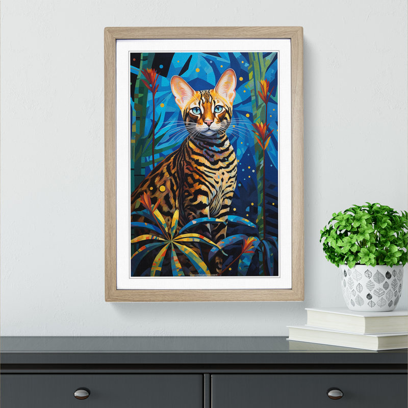 Bengal Cat Art Deco - Single Picture Frame Print on Wood, Oak Framed, 64cm H x 46cm W x 2cm D