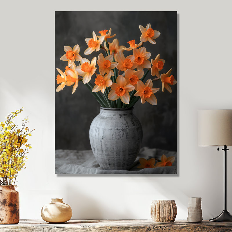 Jonquilles monochromes jaunes et orange dans un pot gris II - jonquilles murales, Sans cadre, métal, H 12 po x l 20 po