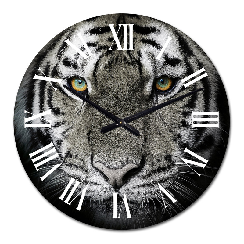 Portrait monochrome d'un tigre blanc IV - Horloge murale traditionnelle, Grand