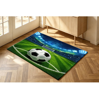 Tapis de sol lavable à la machine, imprimé stade de football, avec envers antidérapant, motif réaliste de terrain de football, décoration intérieure confortable pour le salon et la chambre.
