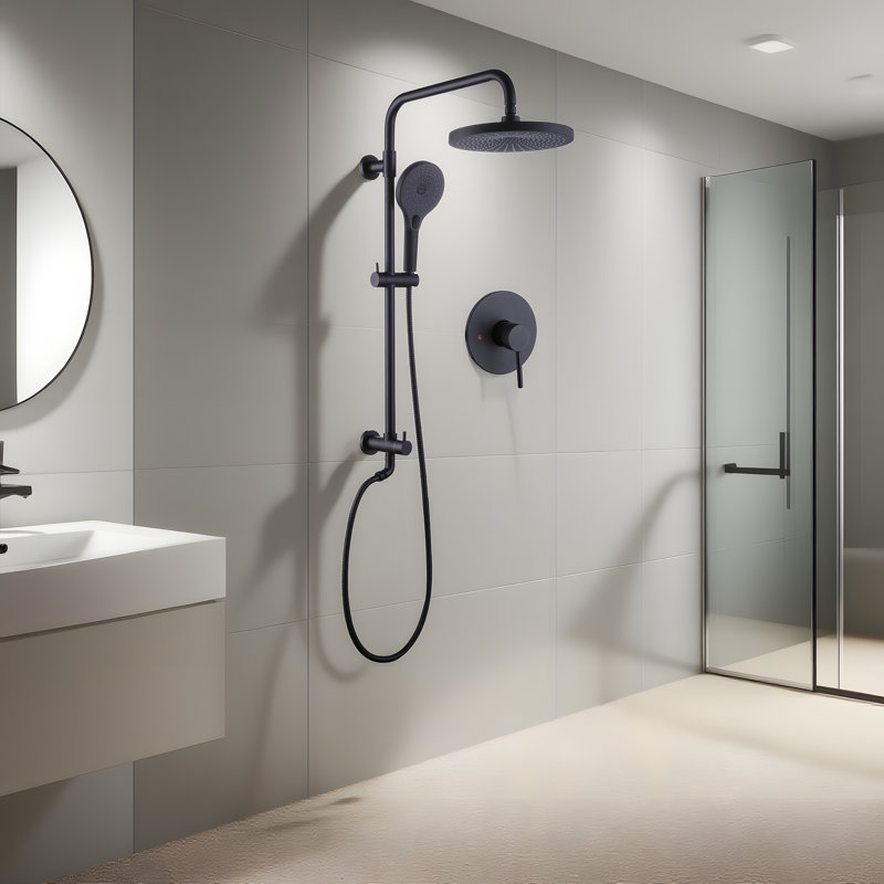 Wall-Mounted Shower System with 3-Function Adjustable Handheld and Rain Shower Head, Matte Black