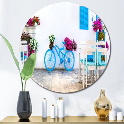 Bleu, bicyclette ancienne avec fleurs - cercle industriel en métal, art mural