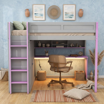 Lit mezzanine double avec bureau, armoire, étagères, éclairage DEL et port USB, échelle