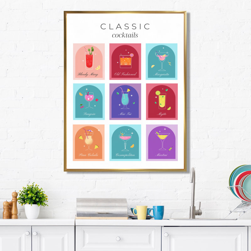 Art mural classique - Cocktail classique, H 20 po x l 12 po, Cadre flottant doré