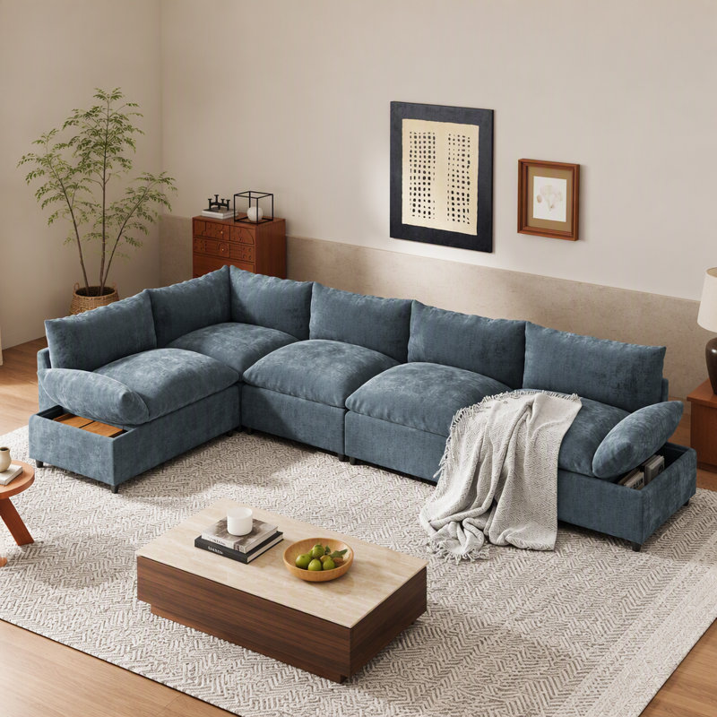 Canapé modulaire moderne de 115,5 po avec revêtement en polyester durable et compartiments de rangement cachés