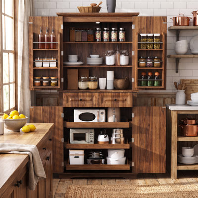 71" Tall Kitchen Pantry Cabinet with 3 Pull Out Cabinet Organizers, Farmhouse Embossed Texture Storage Cabinet with 6 Door Shelves, 2 Drawers, Freestanding Cupboard for Kitchen, Dining Room Brown