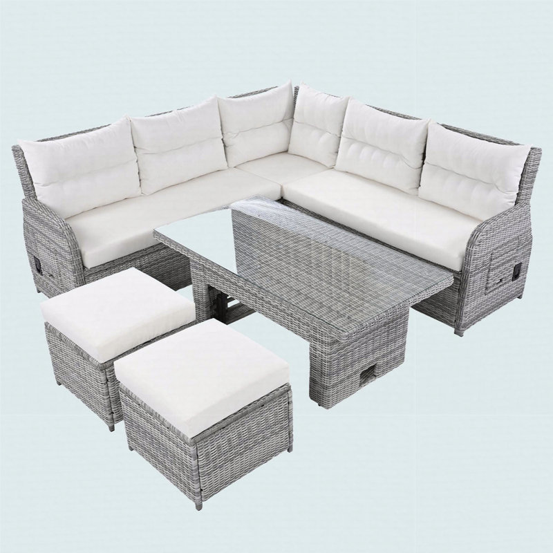 Outdoor Rattan Furniture Set with Adjustable Table, Extendable Side Tables and Two Ottomans, Beige