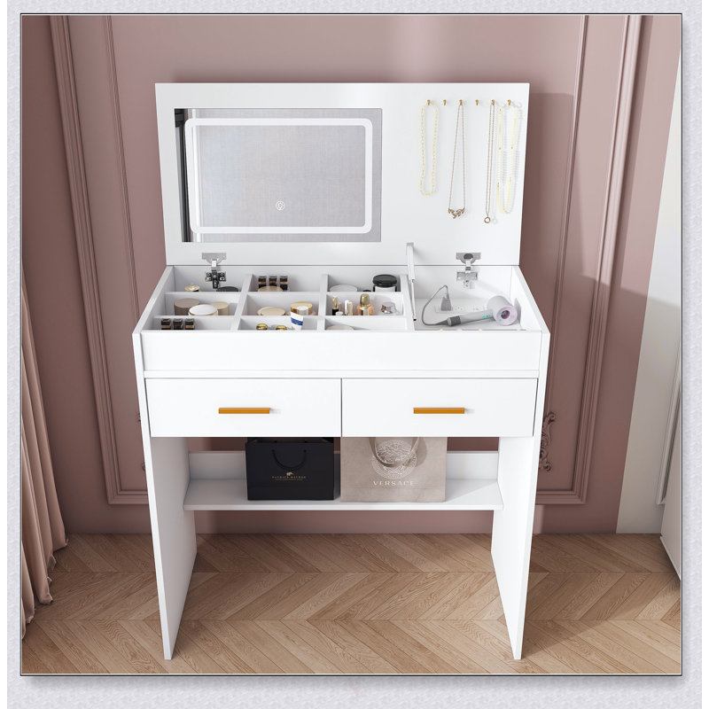 Flip Top Vanity Desk With LED Lighted Mirror & Built-In Outlet, 2 Drawers, Open Storage, And Jewelry Hooks For Modern Living