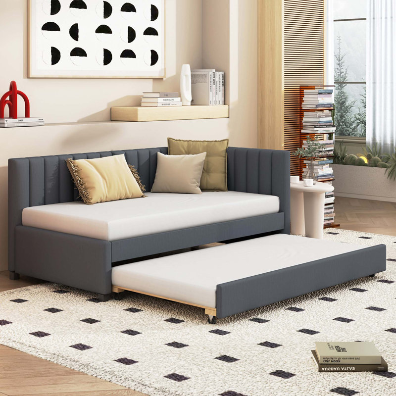 Lit de jour rembourré avec base de canapé-lit sans sommier, tissu en lin, Gris