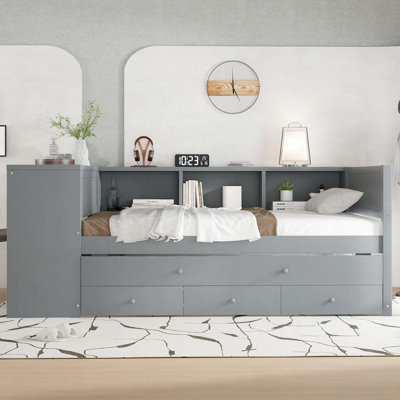 Wood Daybed with Trundle,Storage Drawers and Side Shelves