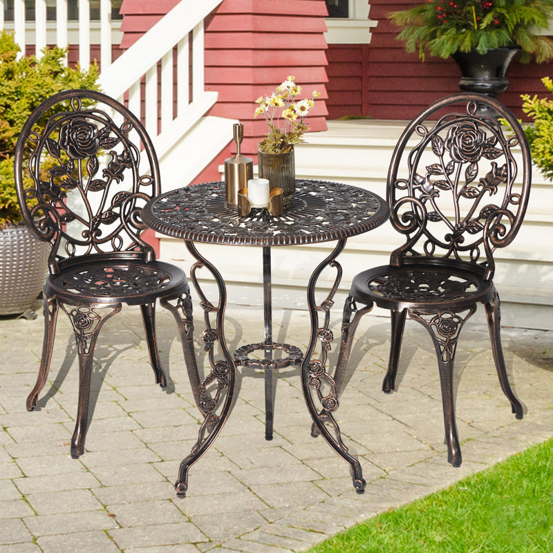 Ensemble bistro 3 pièces pour table bistro et chaises d'extérieur, bistro en aluminium coulé à motif rose pour balcon de jardin, résistance durable à la rouille et aux intempéries, bronze rose