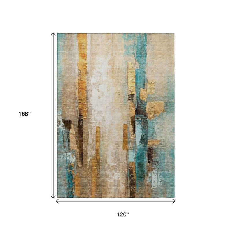Tapis intérieur/extérieur lavable, beige et bleu sarcelle, à motifs abstraits, 3 m x 4,2 m