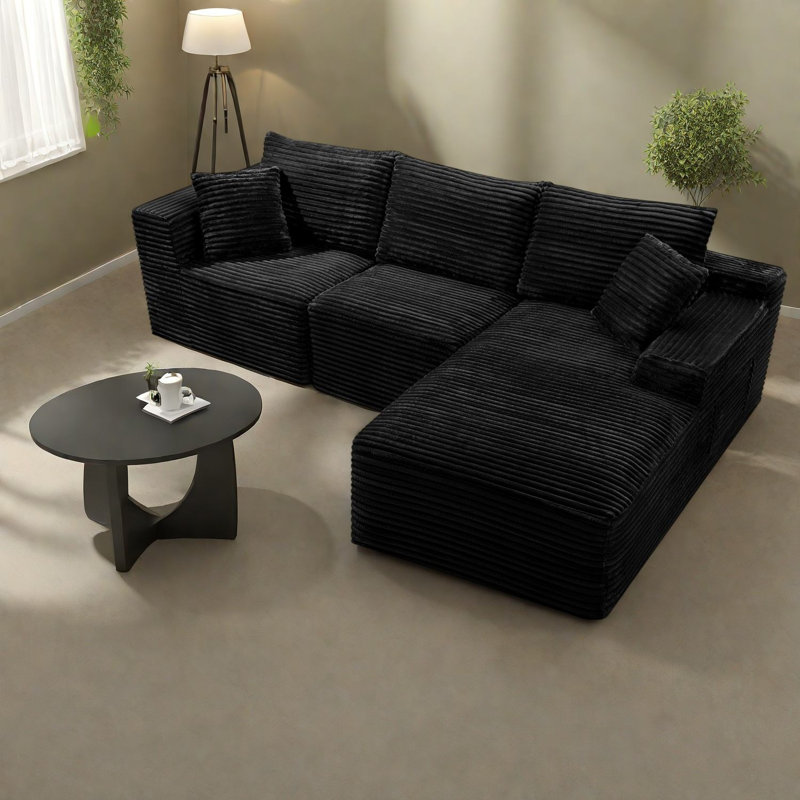 Canapé d'angle compressible, canapé en velours côtelé noir de 264 cm (103,9 pouces), canapé nuage moderne pour la maison