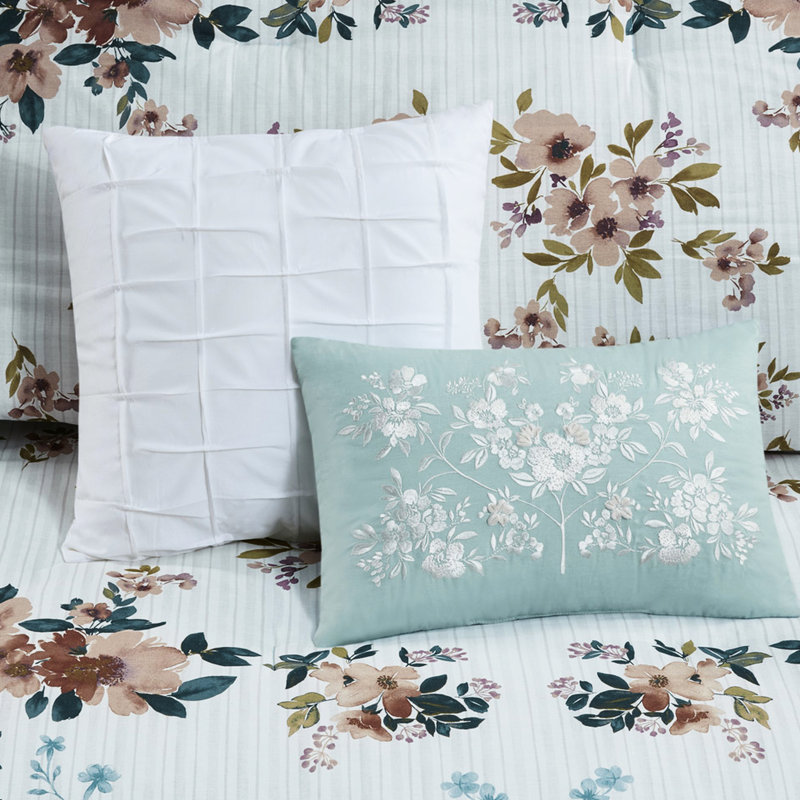 Édredon double / grand avec motif floral à lignes grises et bleues -, Édredon grand + 4 pièces supplémentaires inclus