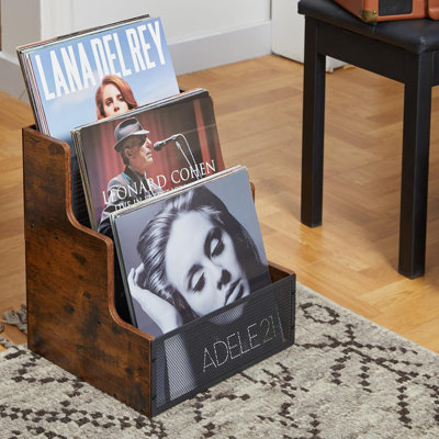 Vinyl Record Storage Holder, Stepped 3 Tier LP Vinyl Record Crate with Metal Grid, Wooden Album Storage Desktop Organizer Box for Vinyl, Rustic Brown & Black