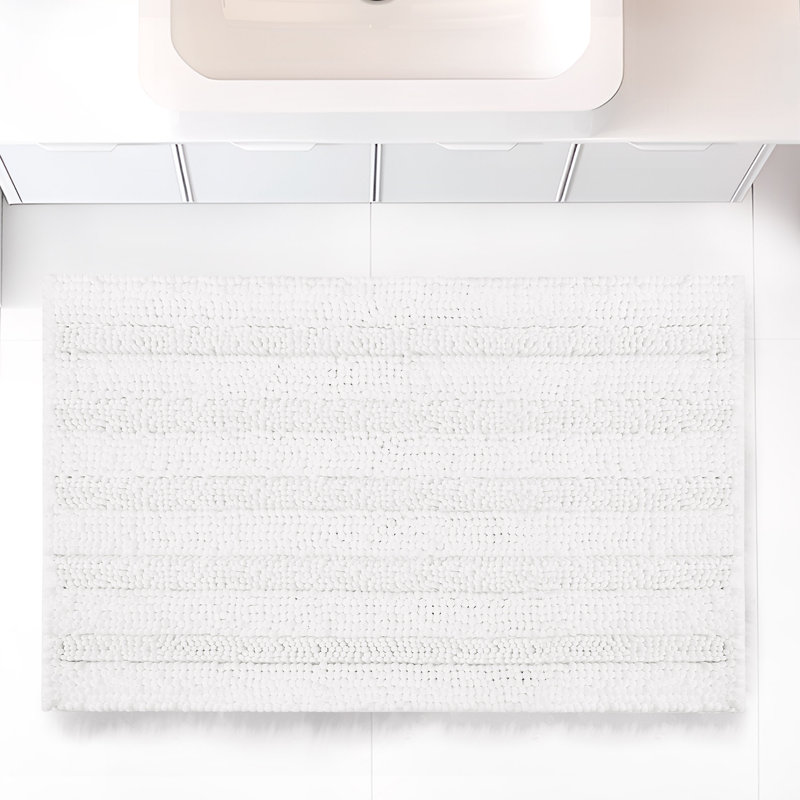 1 Pc Non-Slip Soft Plush Shaggy Striped Bathroom Rugs, 32"W x 20"L, White