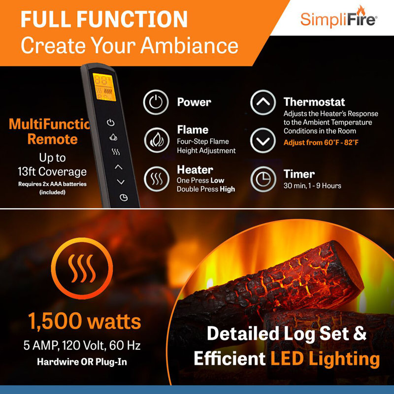 SimpliFire Electric Fireplace Insert, 23.25" H x 35" W x 11.25" D