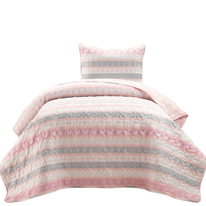 Sara Lily Pink/White Microfiber Reversible 3 Piece Quilt Set, Twin Quilt + 2 Standard Shams