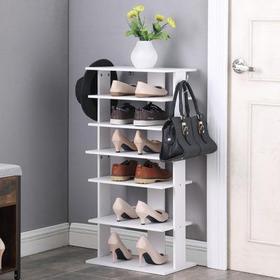 7 Tier Freestanding Vertical Shoe Rack with Hooks, Multi-Functional Shoe Storage Organizer Tower for Entryway Hallway Closet, White