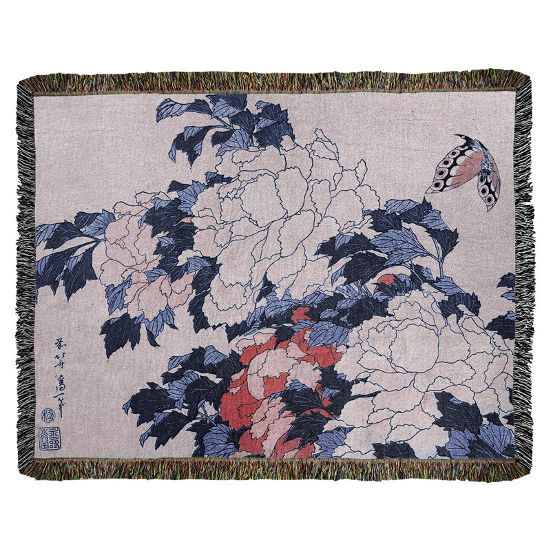 Jeté en coton à pivoines et papillons, Bleu/rouge/gris