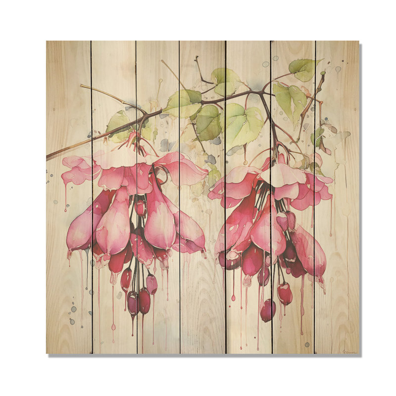 Fleur rose fuchsia Ladys - Fuschia sur bois, H 15 po x l 15 po