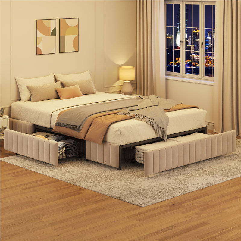 Structure de lit tapissier moderne avec rangement, Beige, Queen