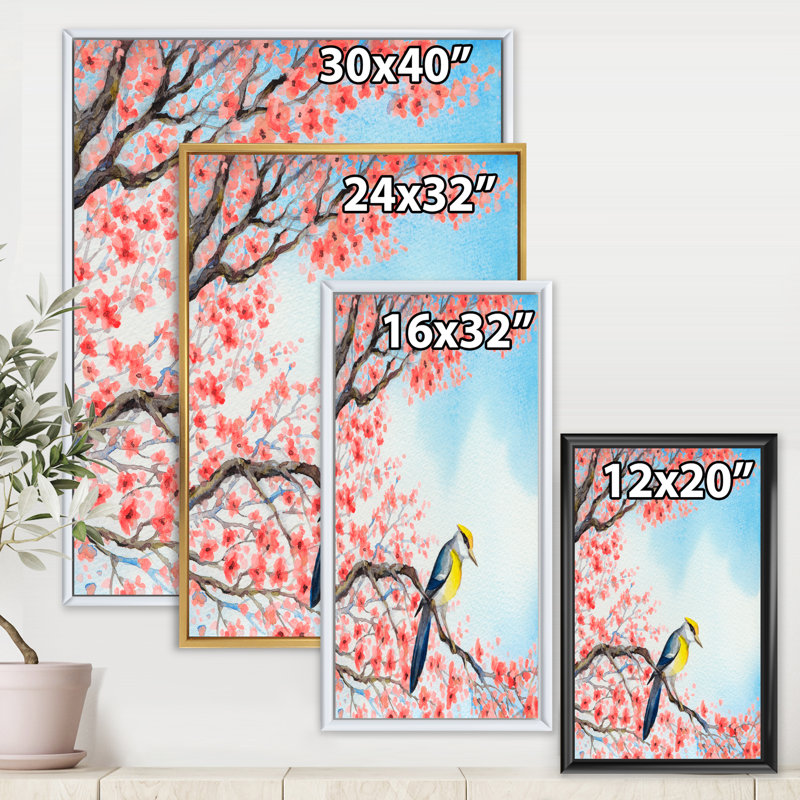 Bel oiseau rouge sur une branche en fleurs I - peinture sur toile, H 32 po x l 24 po x P 1 po, Cadre noir