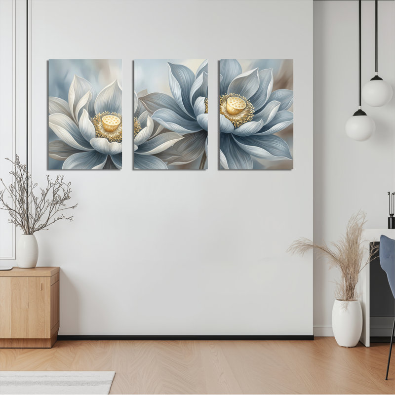 Ensemble de 3 tableaux sur toile tendue représentant des fleurs de lotus bleus, pour la décoration du salon et de la chambre.