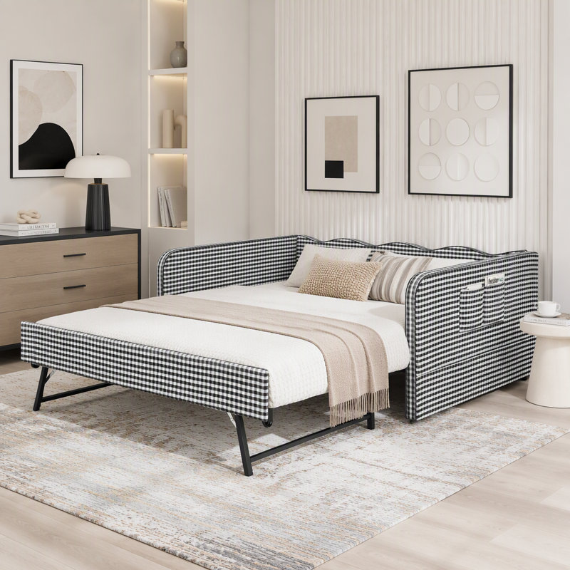 Lit de jour en vichy convertible 3 en 1 avec couchette et poches de rangement, Black