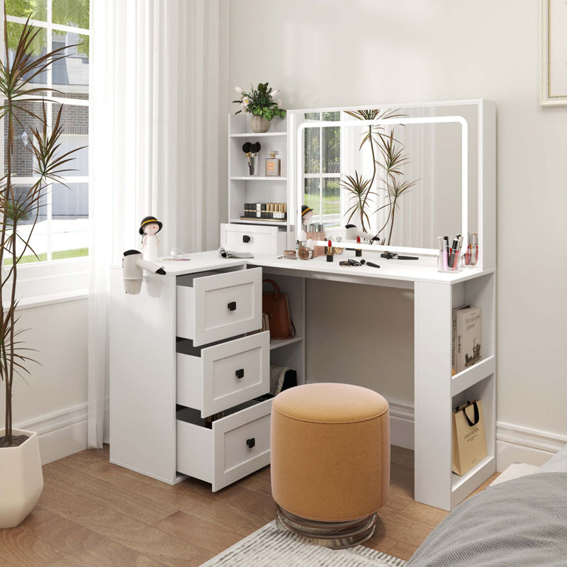 Makeup Vanity Desk With Mirror And Lights, White Dressing Table With Power Strip, 3 Large Drawers, 3 Lighting Modes Brightness Adjustable