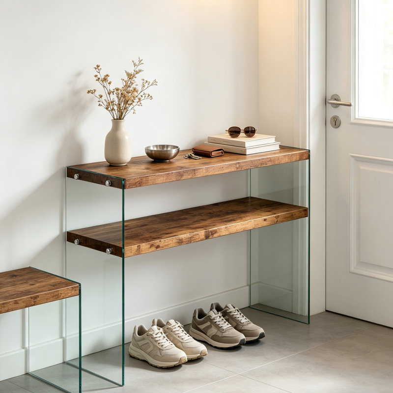 MDF Console Table, Big Side Table, Walnut Tempered Glass Desk,Entry Table