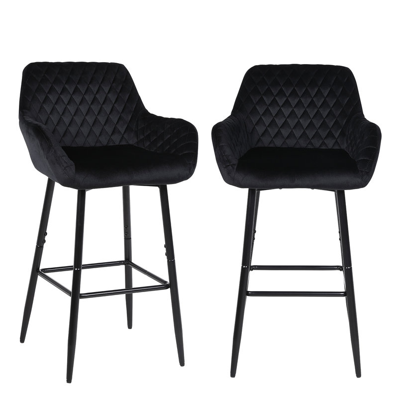 Bar Stools Set Of 2, Gray and Black Velvet Fabric With Backrest And Armrests, Auitable For Kitchen, Home, Bar, Counter, Black