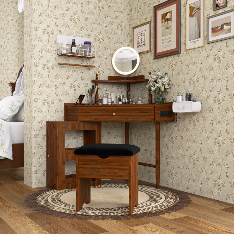 Triangle Vanity Desk Set With Charging Station & Removable Storage Cabinet, Walnut/Black