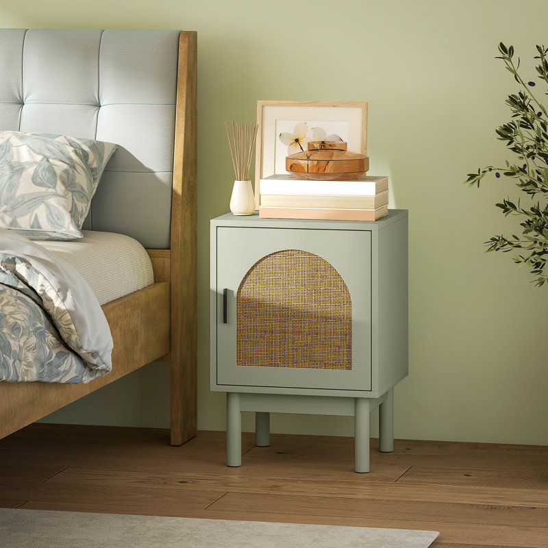 HOMCOM Rattan Bedside Table Adjustable Shelf, Solid Wood Legs, Light Green, Green