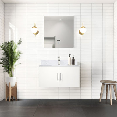 Blanc lustré 36 po Meuble-lavabo de salle de bain avec surface en marbre, robinet, miroir à DEL - aux égratignures et aux taches pour salle de bain luxueuse de l x P 22 po en blanc, plateau, décor