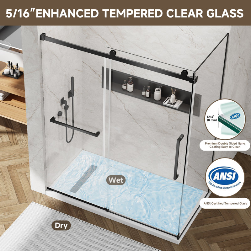 Yttsoyts 56-60”W X 32"D X 76"H Frameless Shower Enclosure, 5/16" Thickened Tempered Glass Corner Shower Door, Single Sliding Shower Stall With Double Sided Nano Coating, Matte Black