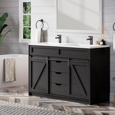 Meuble-lavabo double 48 po avec porte de grange et tiroirs de rangement Farmhouse