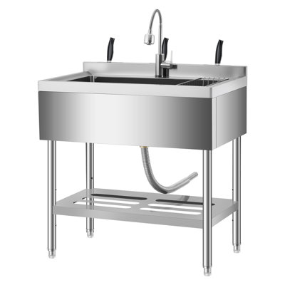 36" Freestanding Stainless Steel Utility Sink, Commercial Single Bowl Prep Sink, Storage Shelf & Adjustable Legs