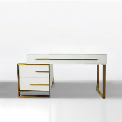 Meuble-lavabo moderne blanc 47,2 po avec miroir rabattable, 4 tiroirs, compartiments de rangement et métal doré