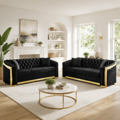 Canapé Chesterfield 3 places de style moderne du milieu du siècle, 2 pièces, capitonné en velours 213 cm (84 po), avec 4 coussins et décorations en acier inoxydable doré.