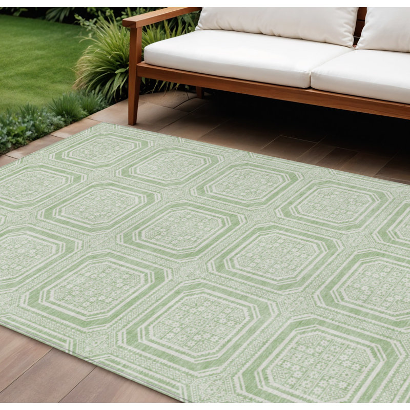 Tapis intérieur / extérieur géométrique lavable vert menthe et ivoire 9 pi x 12 pi