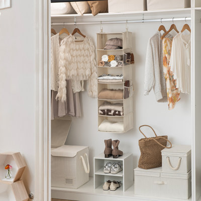 6-Shelf Hanging Closet Organizer, Fabric Hanging Shelves with Side Pockets for Clothing, Bags, Caps, Beige